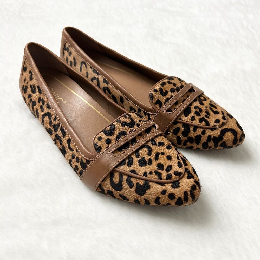 Vionic Leopard Print Pointed Toe Flats in Tan and Black